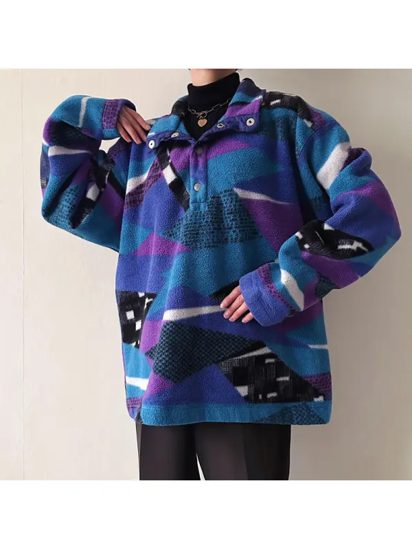 Women's Retro Geometric Fleece Lapel Sweatshirt - Onevise.com 