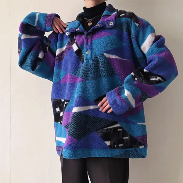 Women's Retro Geometric Fleece Lapel Sweatshirt - Relieffe.com 