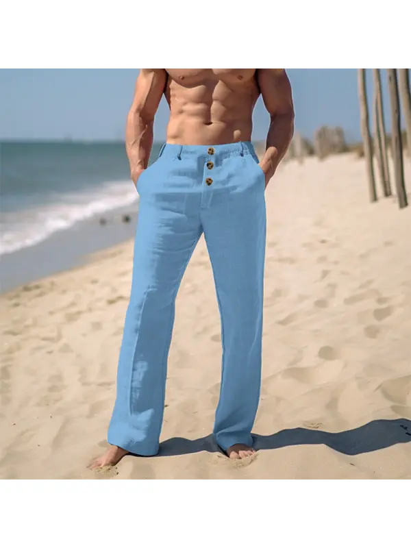 Men's Beach Holiday Plain Simple Linen Pants - Ootdmw.com 