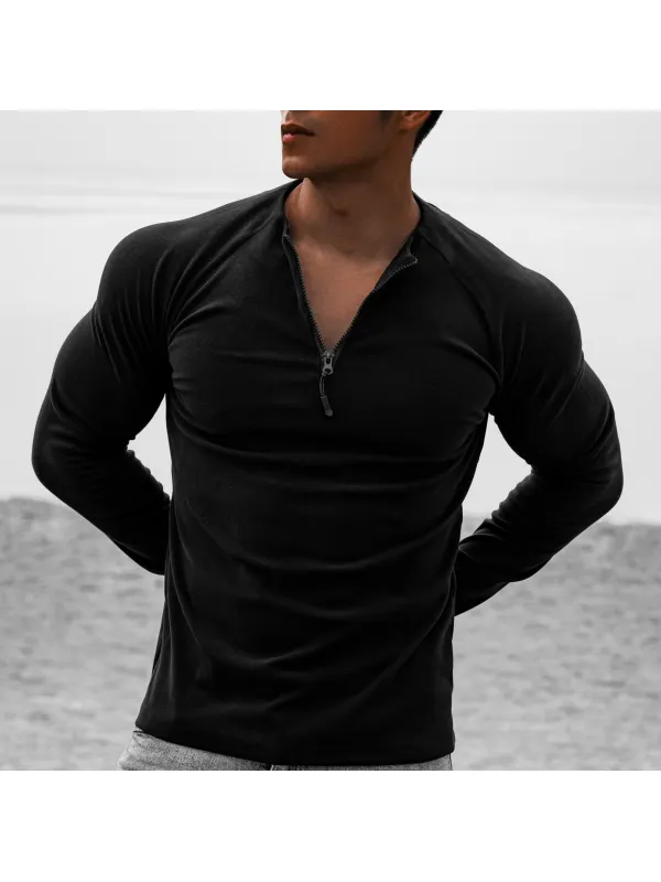 Men's Fitness Plain Henley 1/4 Zip Long Sleeve T-Shirt - Timetomy.com 