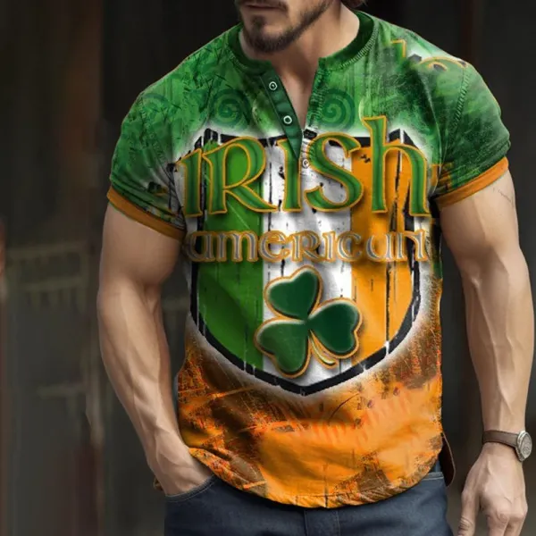 Men's Vintage St. Patrick's Day Print Henley Neck T-Shirt - Trisunshine.com 