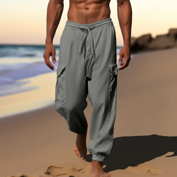 Men's Beach Holiday Plain Linen Pants - Fineyoyo.com 