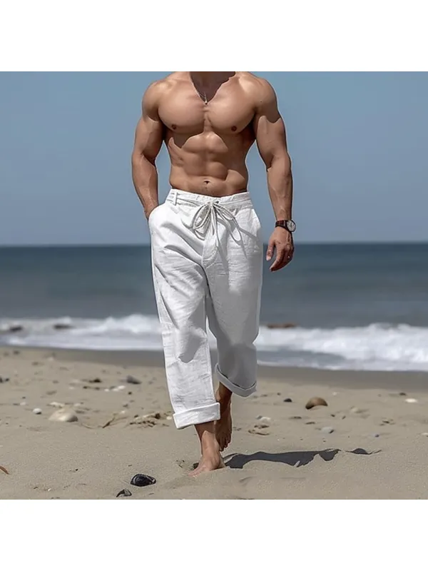 Men's Beach Holiday Plain Casual Linen Pants - Valiantlive.com 