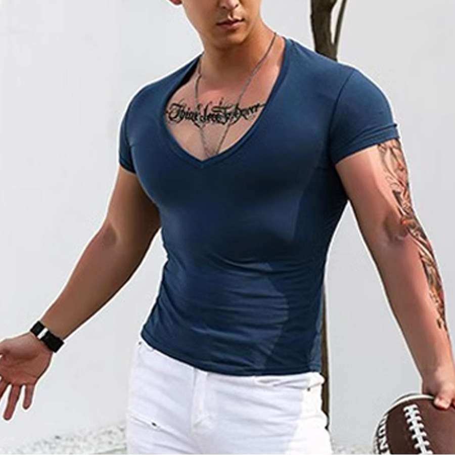 

T-shirt Musclé Uni à Col En V Coupe Slim Pour Hommes