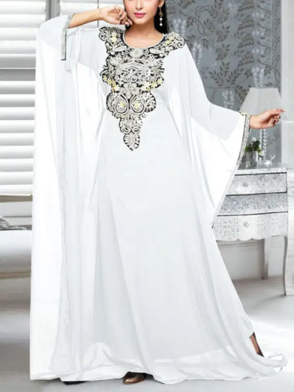 European And American Clothing, Middle Eastern Muslim Loose Robe, Heavy Embroidery Splicing Collar, Imitation Cupro Silk Dress - Ootdmw.com 