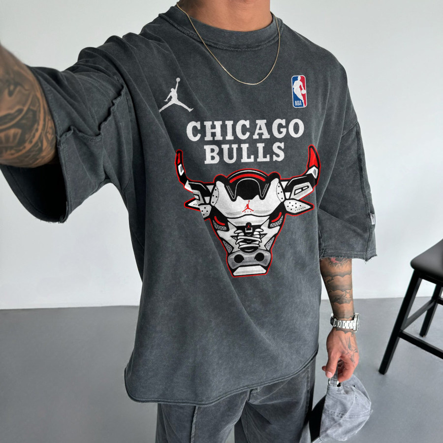 

Übergroßes T-Shirt Mit Street-Style-Basketball-Print Bulls-T-Shirt