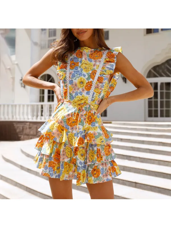 Women's V-neck Romantic Garden Mini Dress - Spiretime.com 