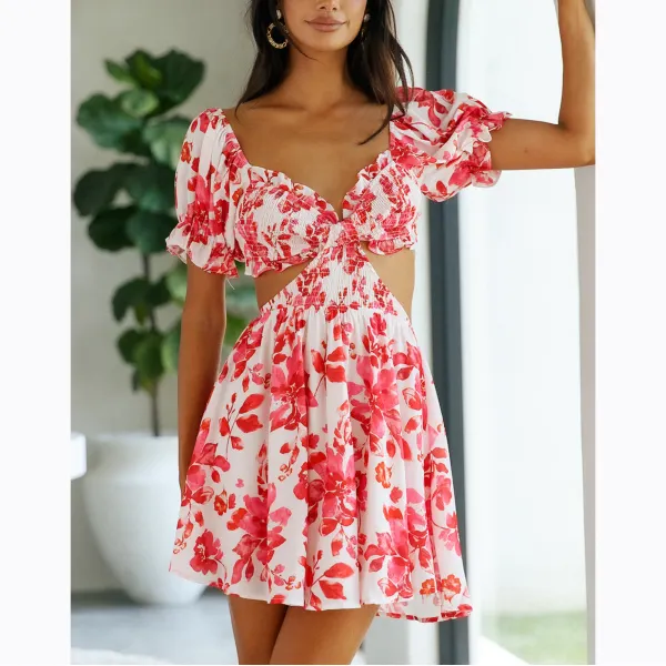 Women's Romantic Floral Prints For The HolidaysMini Dress - Ootdyouth.com 