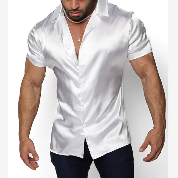 Men's Satin Plain Short Sleeve Shirt - Ootdyouth.com 