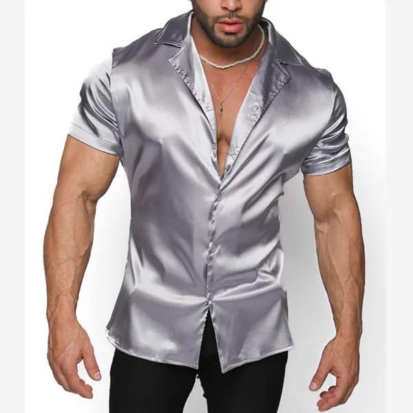 Men's Satin Plain Casual Short Sleeve Shirt - Ootdyouth.com 