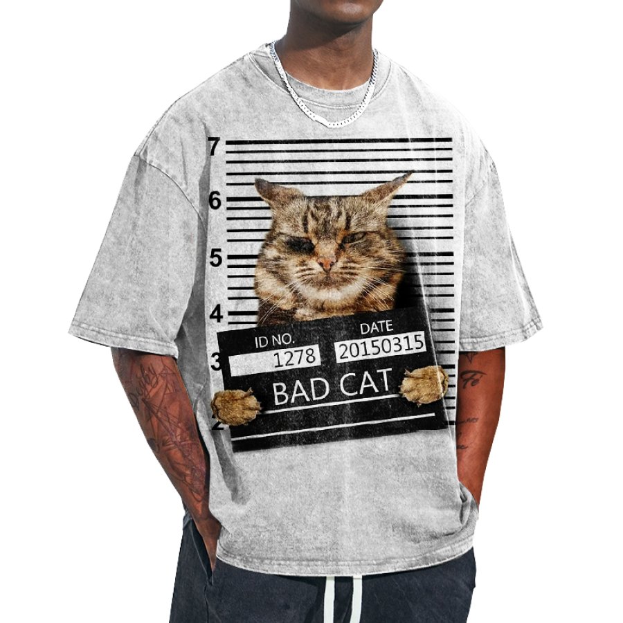 

T-shirt Surdimensionné à Col Ras Du Cou Pour Homme Motif Animal Drôle Mauvais Chat Impression Graphique Décontracté