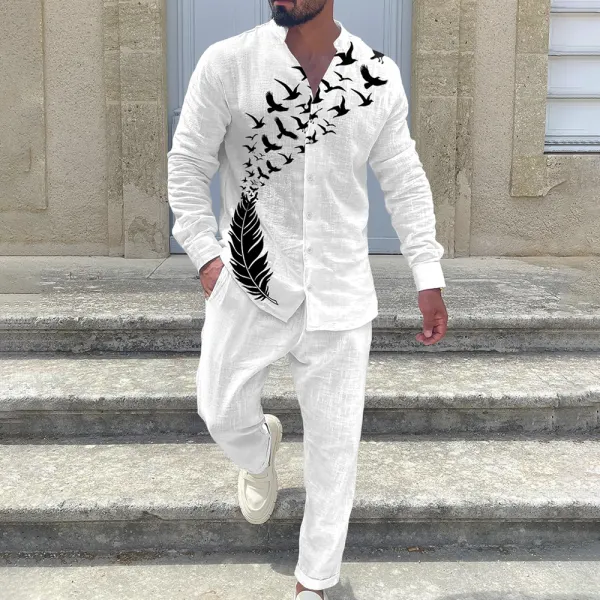 Men's White Cotton And Linen Bird Print Vacation Suit - Ootdyouth.com 
