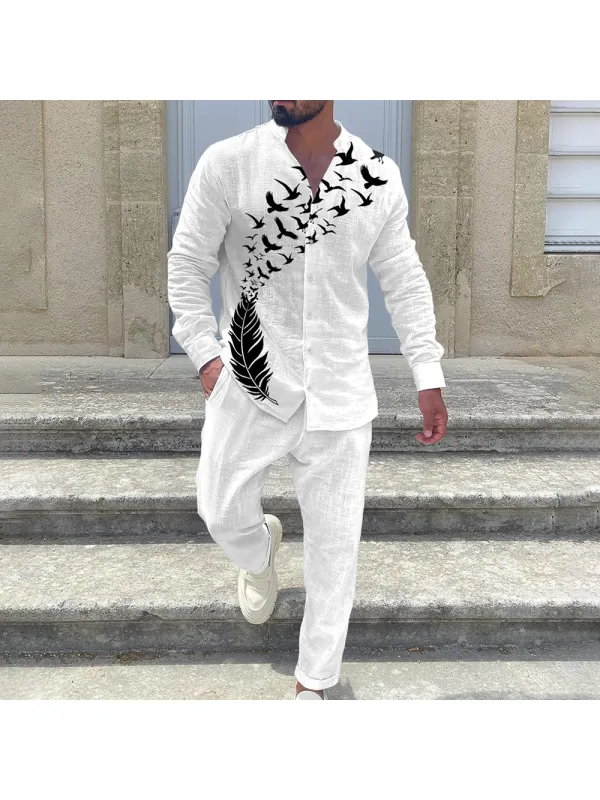 Men's White Cotton And Linen Bird Print Vacation Suit - Ootdmw.com 