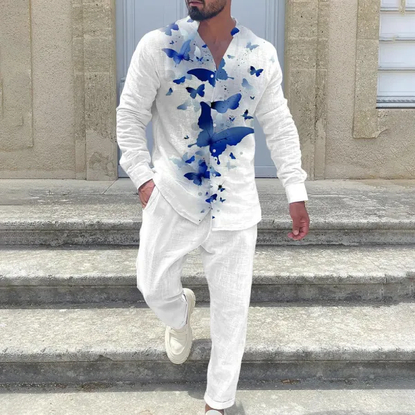 Men's White Cotton And Linen Butterfly Print Resort Suit - Ootdyouth.com 