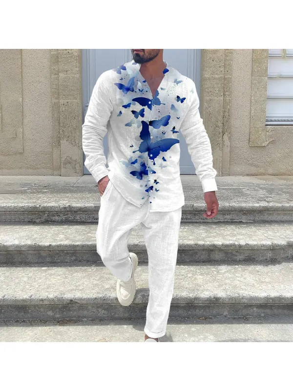 Men's White Cotton And Linen Butterfly Print Resort Suit - Spiretime.com 