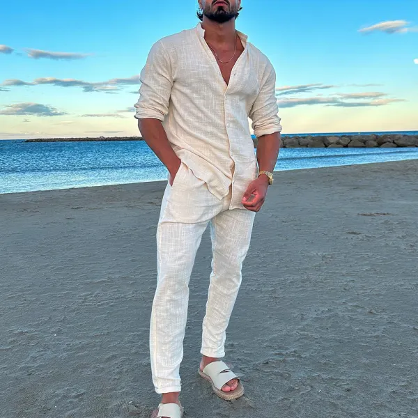 Men's Beige Cotton And Linen Resort Suit - Yiyistories.com 