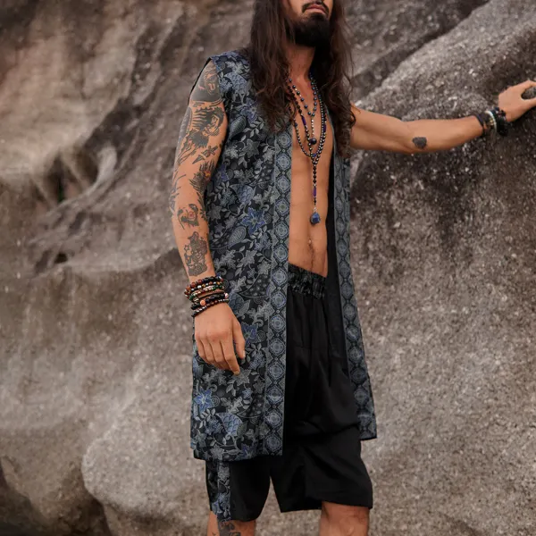 Men's Holiday Sleeveless Satin Robe Print Resort Shorts Suit - Yiyistories.com 