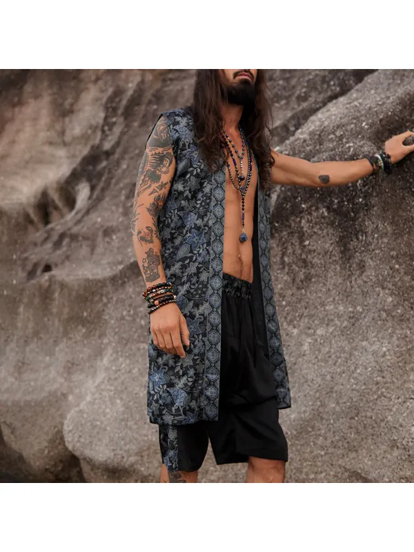 Men's Holiday Sleeveless Satin Robe Print Resort Shorts Suit - Timetomy.com 