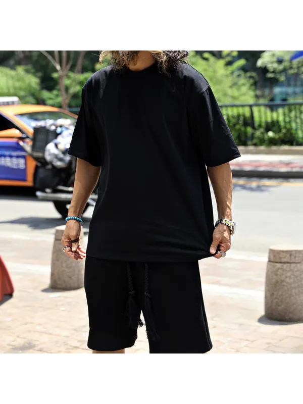 Men's Pure Cotton Black Round Neck Short Sleeve Drawstring Shorts Set - Valiantlive.com 