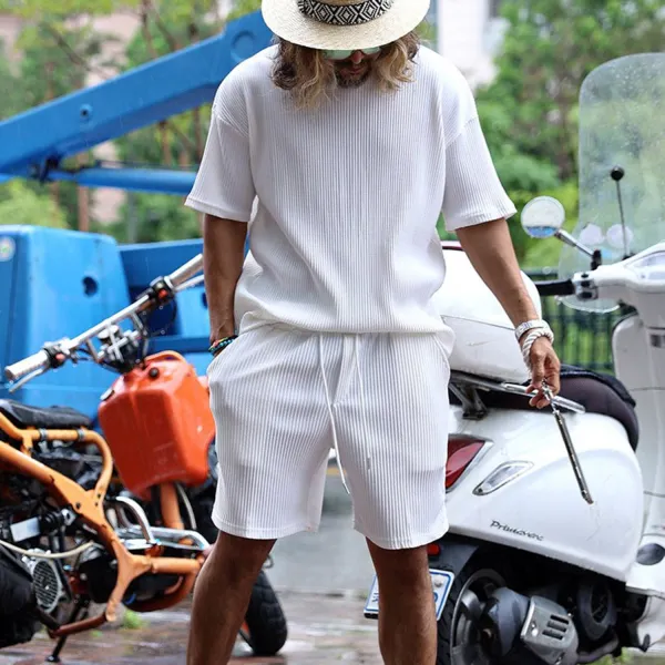 Men's Basic Wrinkled Classic Street Casual White Short-sleeved Shorts Suit - Yiyistories.com 