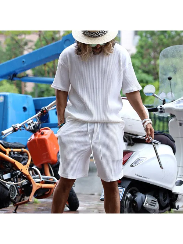 Men's Basic Wrinkled Classic Street Casual White Short-sleeved Shorts Suit - Ootdmw.com 