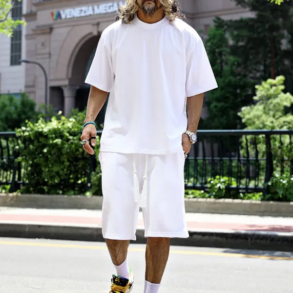Men's Pure Cotton White Round Neck Short-sleeved Drawstring Shorts Suit - Yiyistories.com 