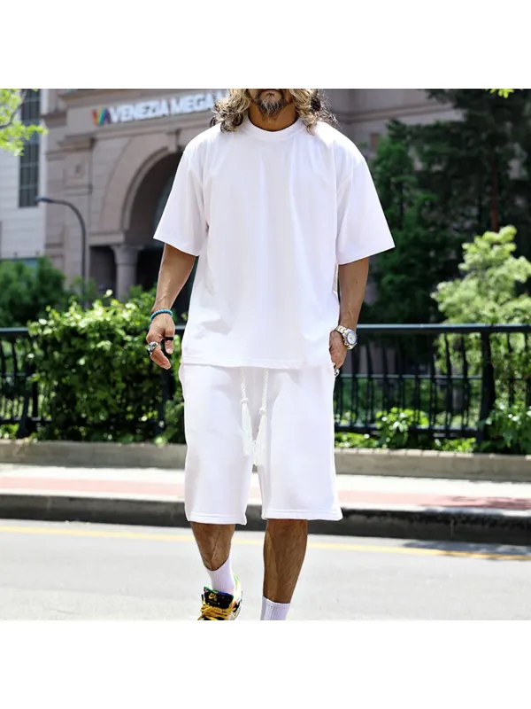 Men's Pure Cotton White Round Neck Short-sleeved Drawstring Shorts Suit - Ootdmw.com 