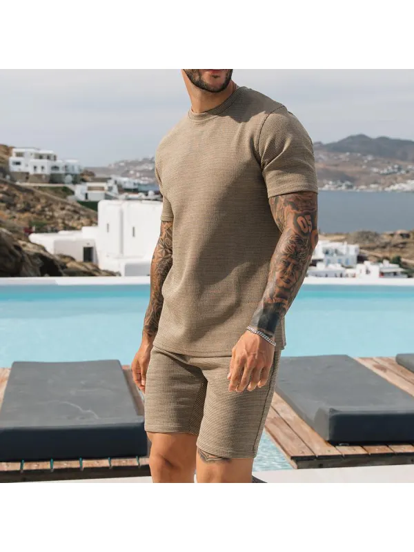 Men's Textured Light Brown T-Shirt Casual Vacation Hawaiian Shorts Set - Anrider.com 