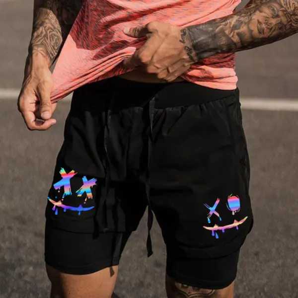 Smiley Face Print Casual Sports Double Shorts - Ootdyouth.com 