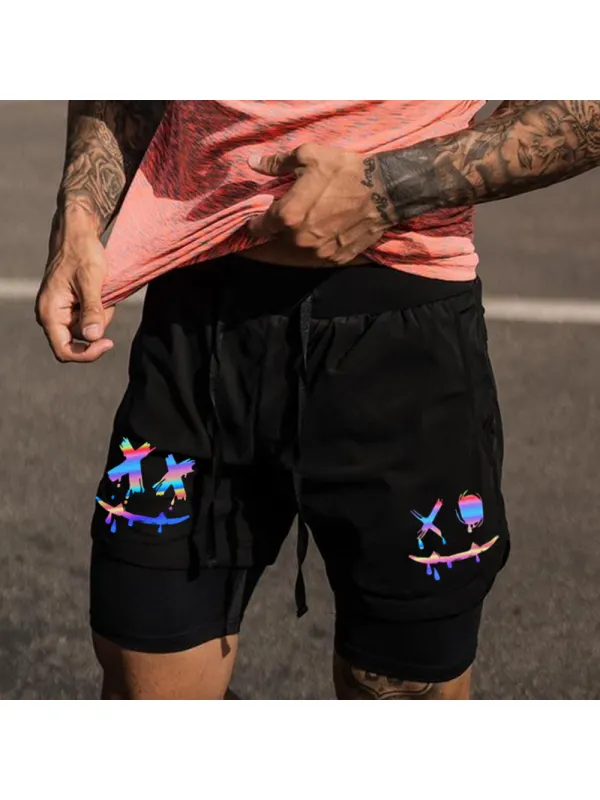 Smiley Face Print Casual Sports Double Shorts - Timetomy.com 