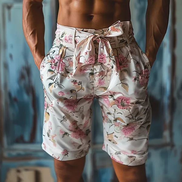 Men's Personalized Waist Design Floral Satin Cropped Shorts - Yiyistories.com 