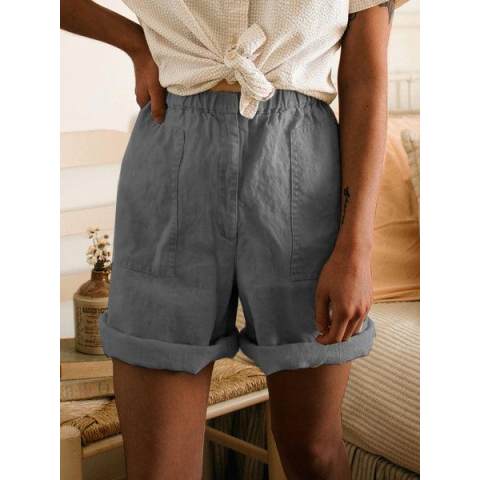 Pure Color Elastic Waist Curled Side Casual Shorts