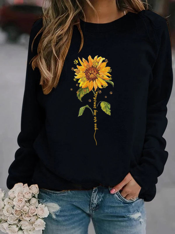 Casual sunflower print crew neck sweatshirt - Juretro.com