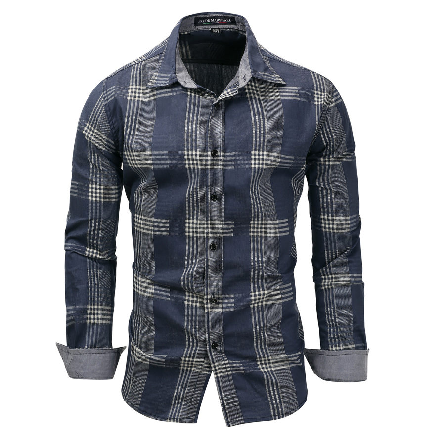 

Men's casual denim long-sleeved plaid shirt