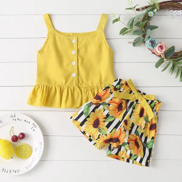 【6M-3Y】Girls Fresh Sweet Camisole Top Sunflower Print Shorts Set - Popopiestyle.com 