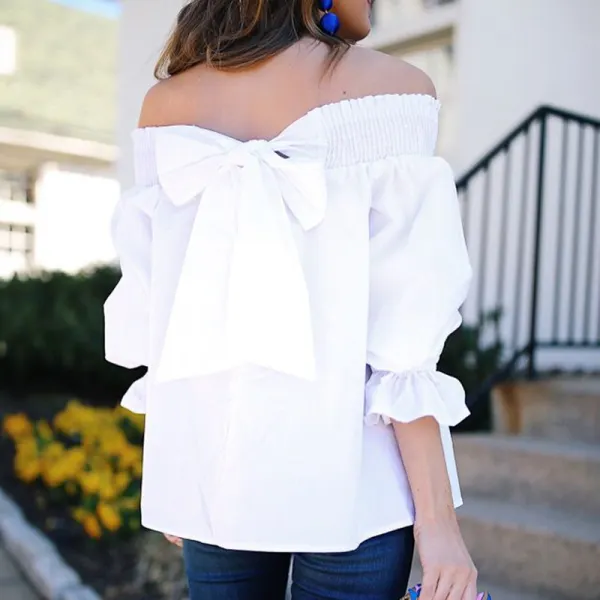 Fashion boat neck loose puff sleeves bow shirt - Leanarea.chimpone.com 