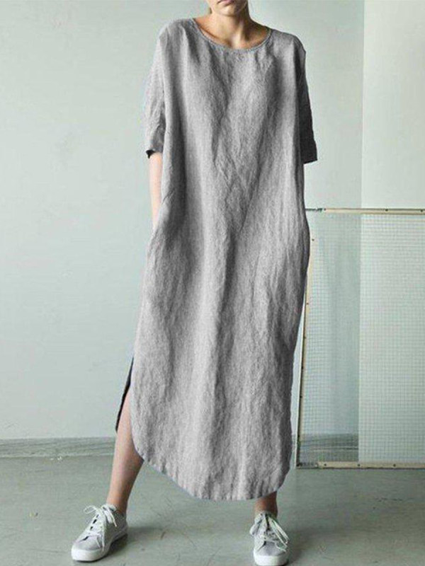 Linen Round Neck Plain Maxi Dress Only 38.14 - coralinlin.com