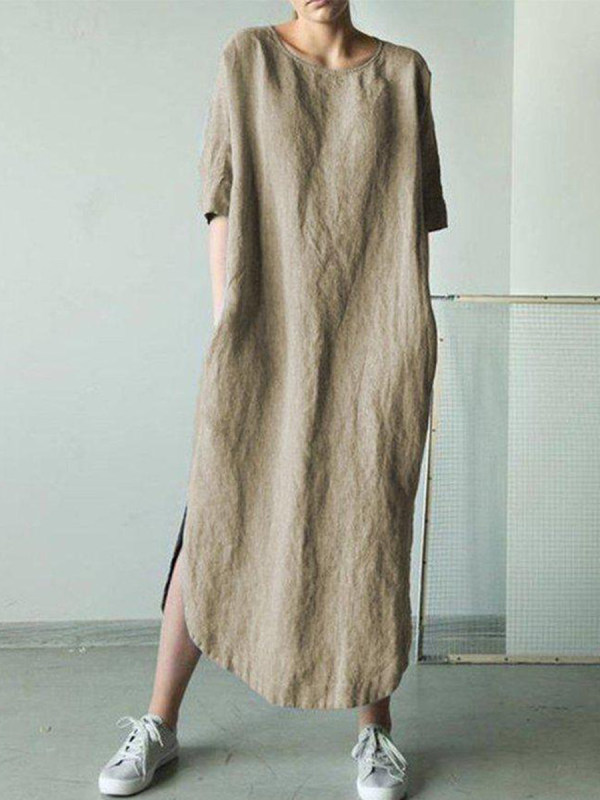 Linen Round Neck Plain Maxi Dress Only 38.14 - coralinlin.com