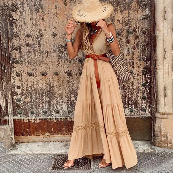 V-neck sleeveless solid color layered dress - Leanarea.chimpone.com 