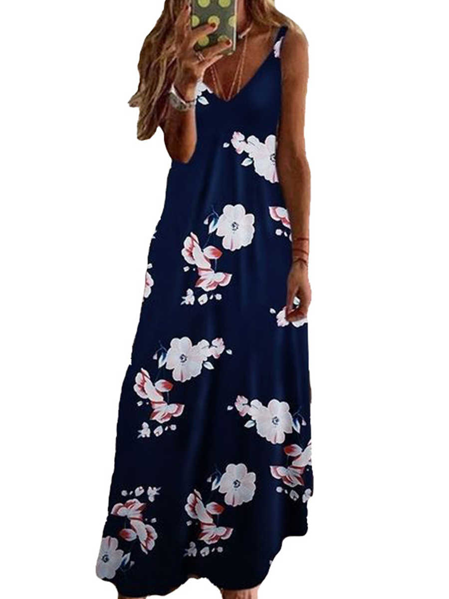 V-Neck Decorative Buttons Floral Printed Maxi Dress