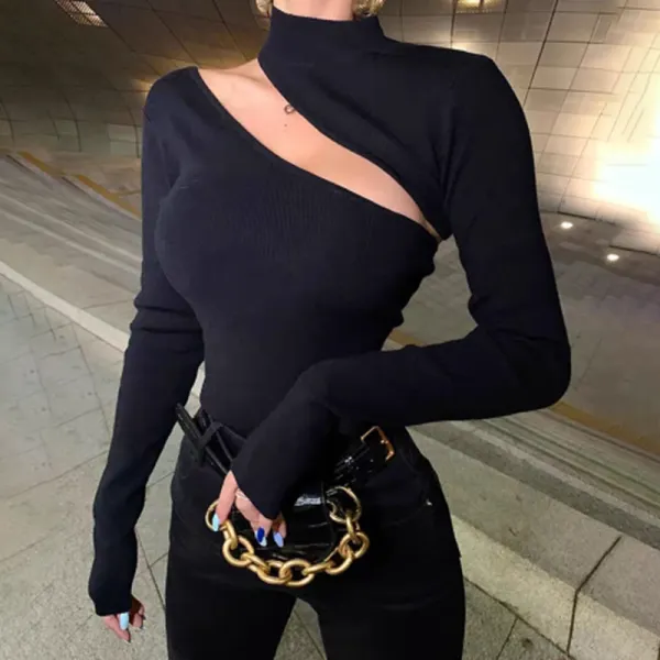 Sexy Street Style Turtleneck Hollow Knit Blouse - Leanarea.chimpone.com 