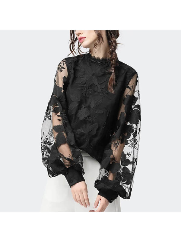 Lace Puff Sleeve Transparent Round Neck Shirt - Inkshe.com 