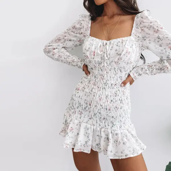 Retro Floral Skirt Square Collar Long Sleeve Chiffon Dress - Leanarea.chimpone.com 