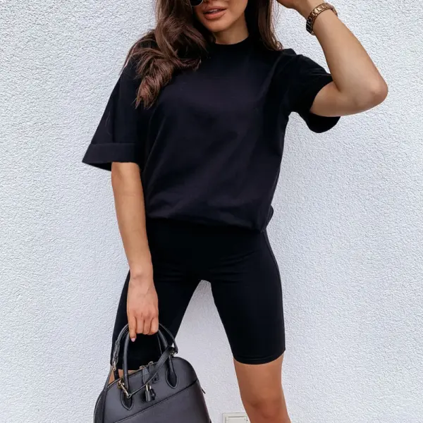 Casual fashion round neck loose short sleeve stretch tight shorts suit - Leanarea.chimpone.com 