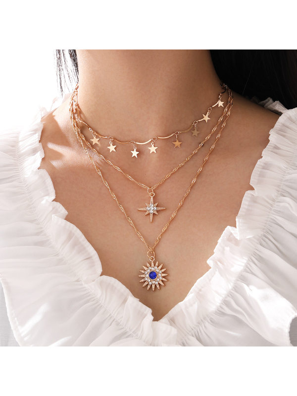 Multi-layered five-pointed star diamond and eight-pointed star flower necklace