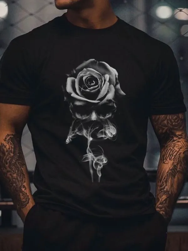 Short-sleeved T-shirt With A Skull Rose Print - Oasisjoy.com 