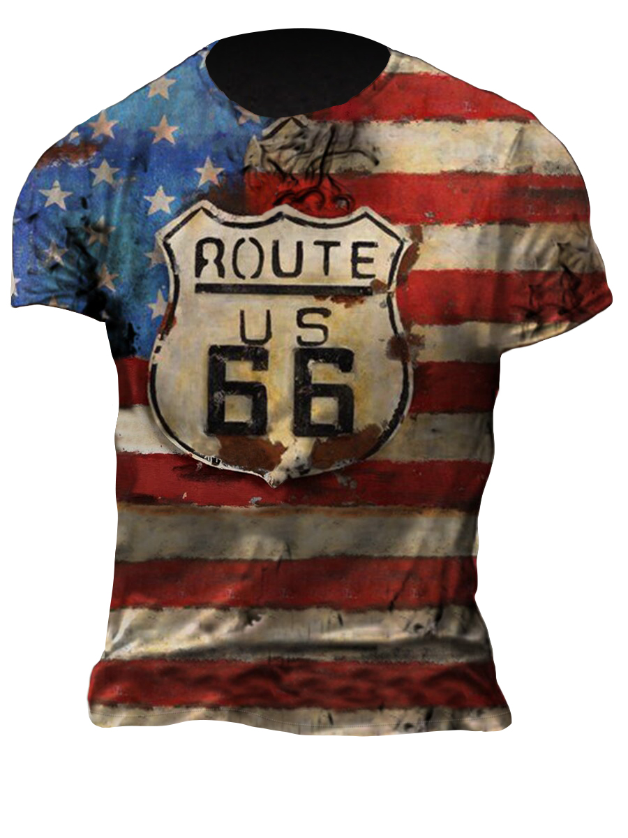 Mens Crew Neck Route Chic 66 Flag Short Sleeve Tops T-shirts