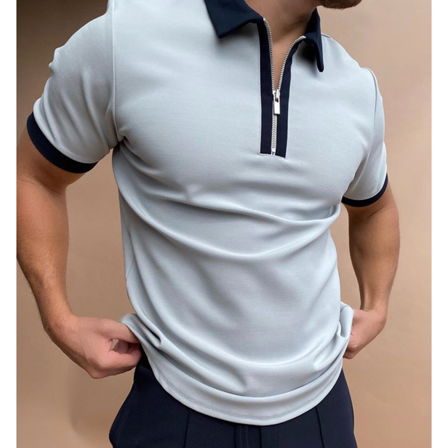 

Contrasting Color Zip Polo Pink And Navy Blue Polo Shirt