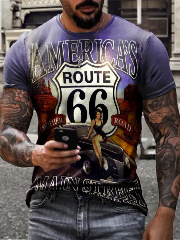 Retro 66 Road Print T-shirt - Oasisjoy.com 