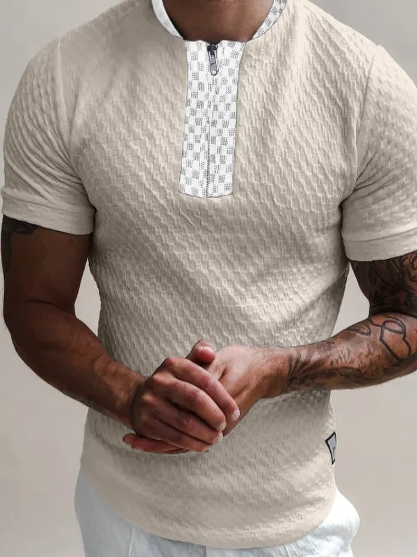 Textured Collarless Slim Fit Polo Shirt - Oasisjoy.com 